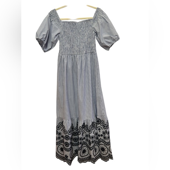 Zara Smocked Off Shoulder Maxi Dress Embroidered Cottagecore Coastal - Picture 3 of 7